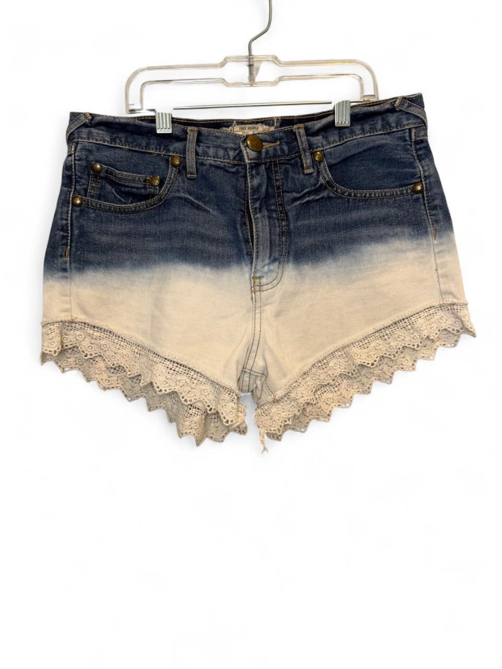 Free People Ombre Dip Dye Crochet Lace Trim Denim Shorts Size 27 Indie Boho